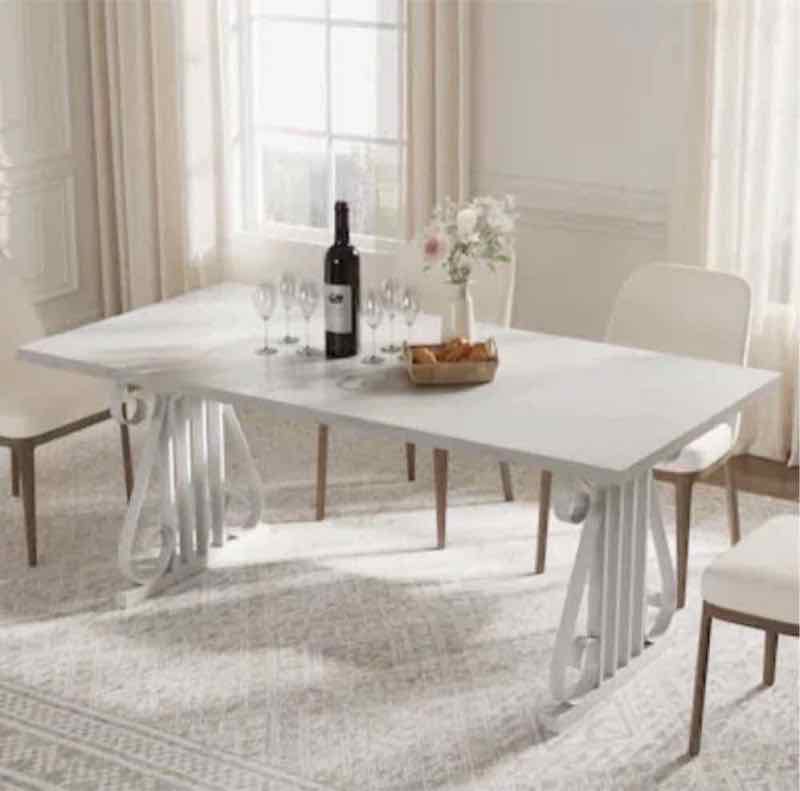 Rectangular faux-marble dining table that seats six to eight