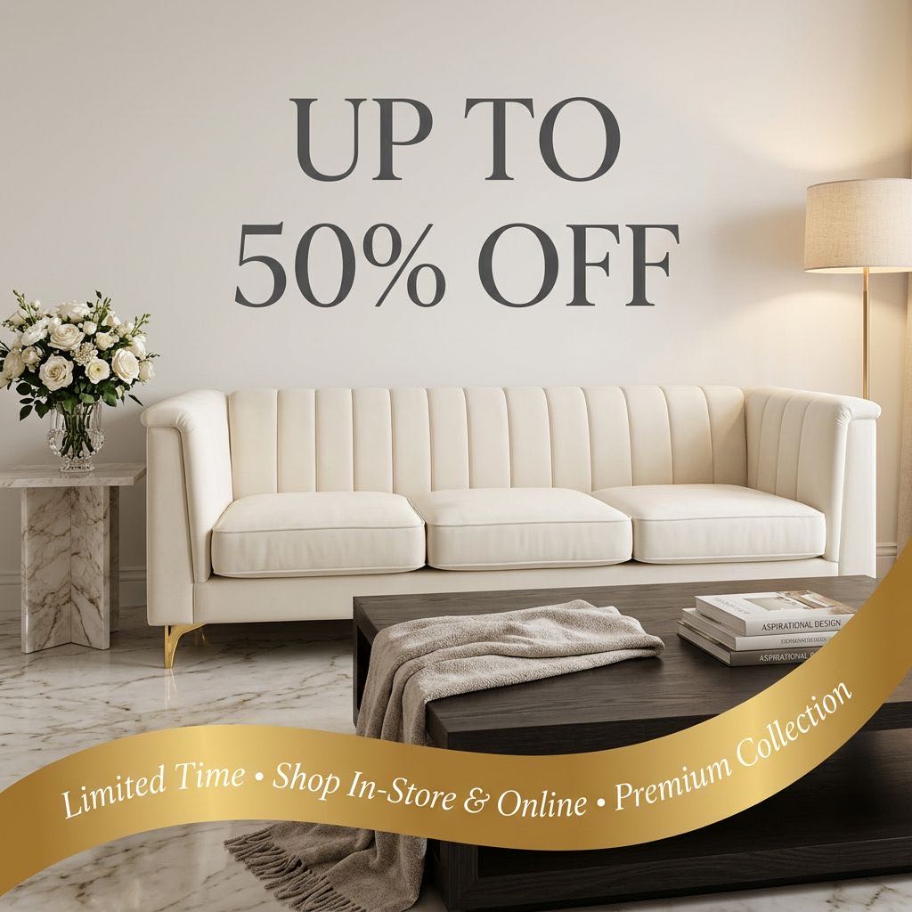 123 Home Outlet — up to 80% off premium furniture collection, limited time, shop in-store and online
