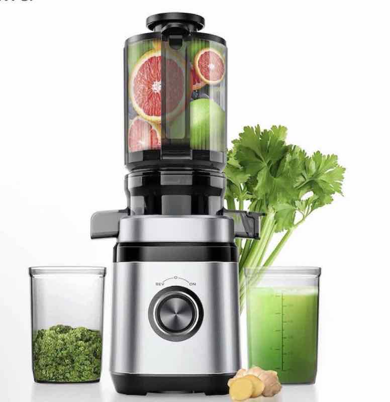 Stainless slow masticating juicer with fruit and juice